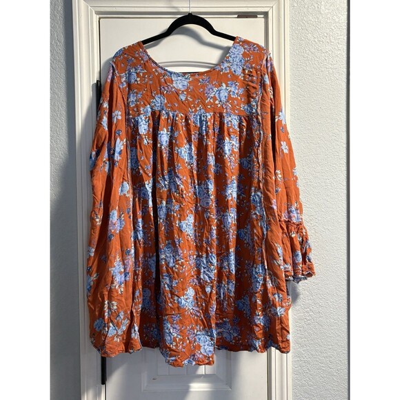 Free‎ People Womans Orange Blue Floral Loretta tunic top Medium Long Sleeve Boho - Picture 8 of 8